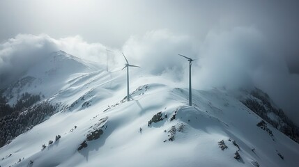 Snowy mountain peaks with wind turbines