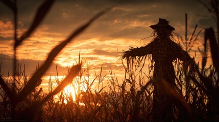 Silhouette scarecrow at sunset in a cornfield