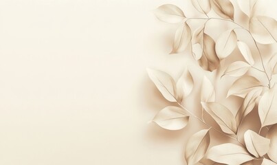 Fototapeta premium Leaves background in aesthetic minimalism style, featuring soft pastel neutral colors and beige elements, ideal for social media use. This design adds a touch of sophistication, Generative AI