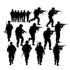 Military Silhouette in Action: A dynamic composition of silhouetted soldiers, caught in the midst of various tactical maneuvers. showcasing courage.