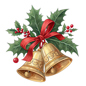 Christmas Bells: A festive watercolor illustration of two golden bells adorned with holly leaves, red berries, and a crimson ribbon, evoking the spirit of the holiday season.