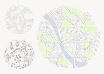 Collection of round city maps in minimal line style. Circular City Maps with Streets, Buildings and Urban Planning. Vector illustration