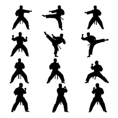 Vector art of silhouettes of a karate practitioner in various fighting stances and moves	