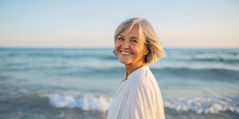 The smiling senior woman enjoying a peaceful beach walk at golden hour