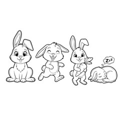Cute Bunny Line Art: Whimsical line art of adorable bunnies in various poses, including sitting, running, holding a carrot, and sleeping. This charming artwork evokes feelings of joy and playfulness.