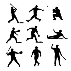 Baseball Silhouette Collection: A dynamic display of baseball players in various action poses, capturing the essence of the game.