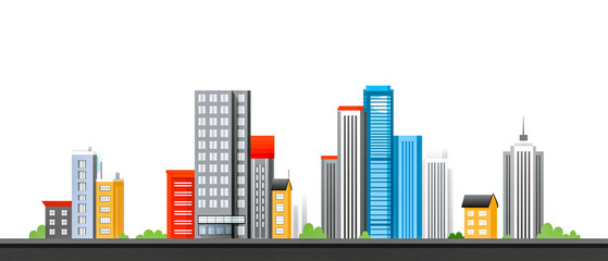 Urban Skyline: A vibrant cityscape illustration, showcasing a collection of modern and colorful buildings, conveying the essence of a bustling metropolitan area, creating a striking visual impact