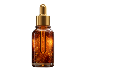 Golden facial serum in glass bottle, isolated on transparent background