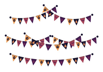 Obraz premium Isolated illustration of decorative hanging flags featuring Halloween pumpkins, spider webs, skulls, and for all celebrations and a collection of bats for Halloween themed decorations or other