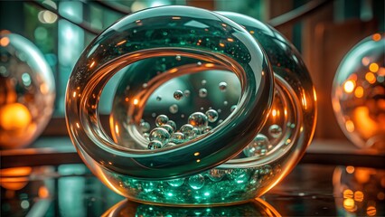 Abstract Teal and Amber Glass Sculpture with Internal Bubbles; Luxurious, Modern, and Evocative Design.