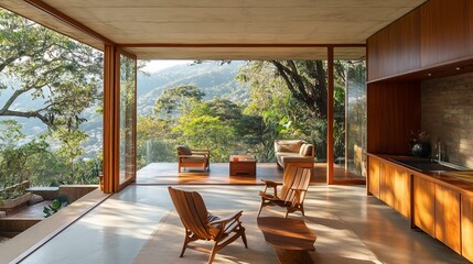 Fototapeta premium Modern home interior with expansive mountain views. Wooden furniture, glass walls, and natural light fill the space