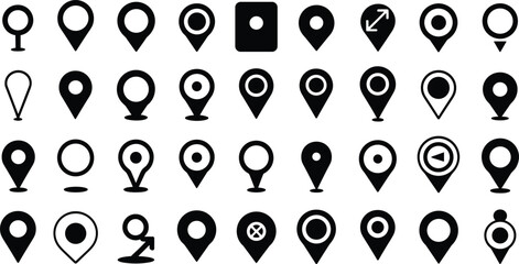 Modern location pin icons, map marker symbols, navigation pointer signs, black vector set for design