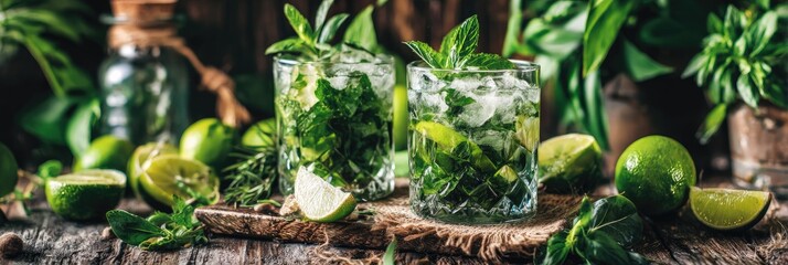 Refreshing cocktails brimming with fresh limes and vibrant mint, displayed on a rustic wooden surface amidst greenery.