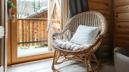 Wooden cabin rocking chair with snowy view