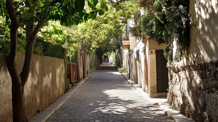 Obraz premium Sun-drenched alleyway lined with trees and buildings