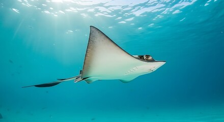 Graceful Eagle Ray Gliding Through Sunlit Blue Ocean Waters, Showcasing Tranquil Underwater Marine Life in its Natural Habitat