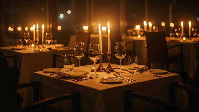 A romantic candlelit dinner setting in a restaurant at night.