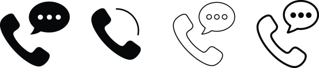 Phone call and speech bubble icon set, black and outline style, communication symbol, vector collection for apps, UI, support design