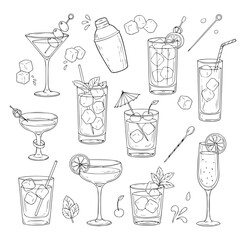 Cocktail Collection: Artistic illustration of elegant cocktail glasses arranged for drink. A visual delight for any cocktail enthusiasts and bartender