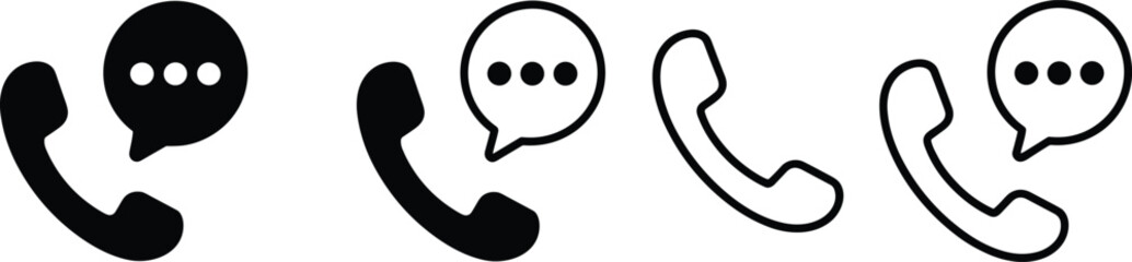 Phone call icon with speech bubble, communication symbols, black and outline style, vector set for UI, messaging, contact