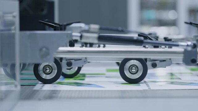 Close up of industrial rollers moving paper sheets in a modern printing or packaging machine, factory automation and production process.