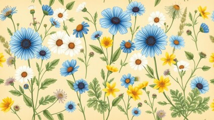 Blue cornflowers and yellow asters illustration