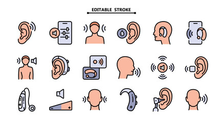 Hearing aid color icons set. Editable stroke. Volume booster for ears, for the deaf old and young. Search auditory. For better hearing, color icon collection.