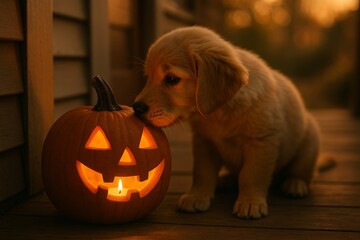 Pet Halloween, golden retriever puppy sniffing carved jack o lantern glowing with candlelight on porch, adorable seasonal scene, festive cozy atmosphere, joyful family holiday moment, playful charm