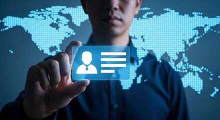 Person holding a transparent id card with a world map in the background blue theme shot