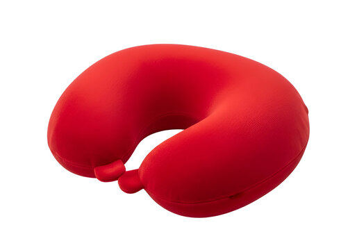 A vibrant red travel neck pillow, curved for optimal support, presented against a black background.