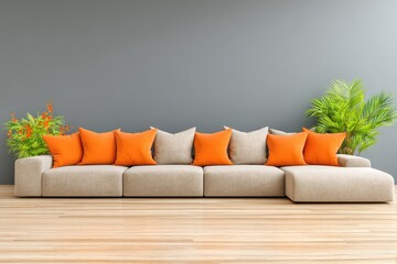 Modern beige sectional sofa with orange pillows in a gray room