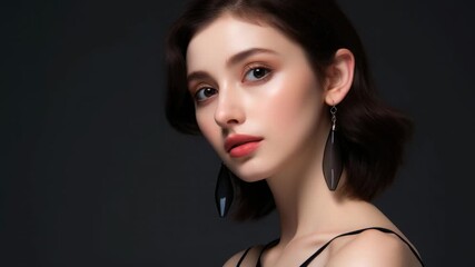 Model with elegant makeup showcases black earrings in a studio setting during a fashion photography session
