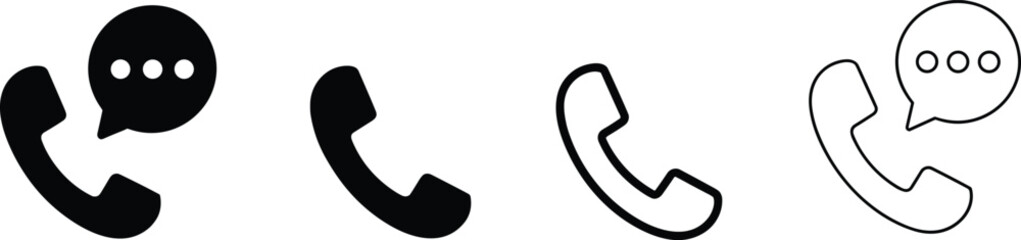 Phone call icons, communication symbol vector set, telephone and chat bubble graphics, black and outline style, contact illustration elements.