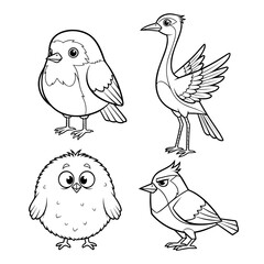 Charming Birds Quartet: A delightful collection of four adorable birds in black and white, each showcasing their unique personality and charm in a simple, elegant style.