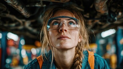 A determined female auto technician in safety goggles examines a car from below.