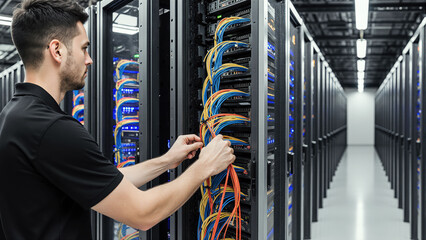 An IT specialist in a server room meticulously organizing a bundle of colorful network cables.