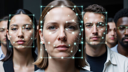 Facial recognition technology scanning a crowd of diverse people, focused on a woman.