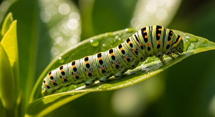 Fototapeta premium A vibrant green caterpillar with striking black and yellow markings slowly crawls along a dew-kissed leaf, showcasing the intricate beauty of nature's smallest creatures in a serene garden setting
