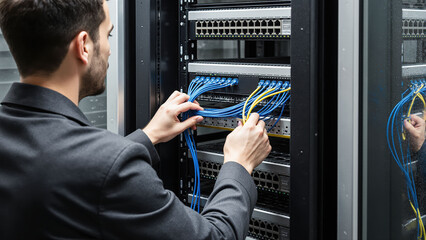 A network engineer seen from behind, connecting blue and yellow ethernet cables to a switch.