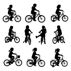 Cycling Silhouettes: A charming compilation of silhouette, capturing the essence of cycling, evoking a sense of childhood wonder and exploration, suitable for design concepts.