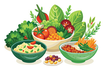 Colorful and Healthy Bowls of Salads Fresh Fruit and Vegetables with Nutritional and Dietary Focus for Balanced Healthy Eating