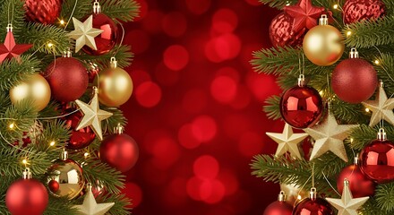 Festive Christmas background with sparkling red and gold ornaments, golden stars, and evergreen branches on a vibrant red bokeh backdrop, ideal for holiday greetings