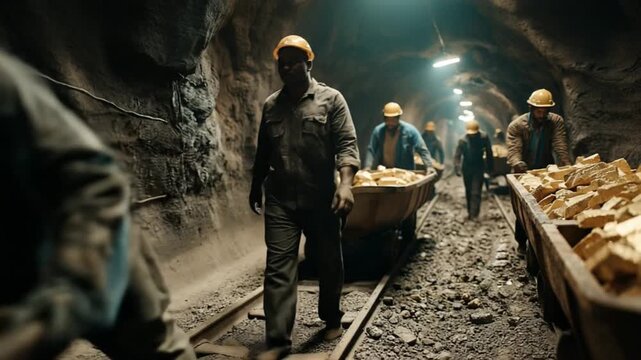 Golden Haul: Courageous miners in a dimly lit mine tunnel, steadfastly pushing carts laden with gold, their faces etched with the arduous labor and pursuit of a precious resource.