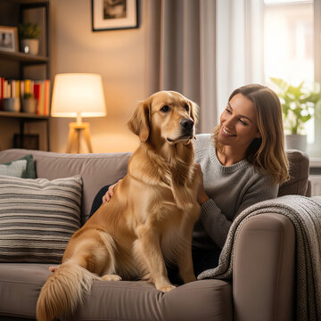 Golden retriever dog sitting on couch next to smiling woman