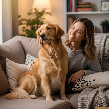 Golden retriever dog sitting on couch next to smiling woman