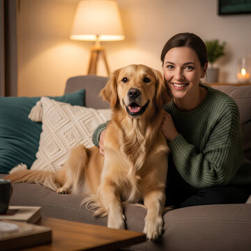 Golden retriever dog sitting on couch next to smiling woman