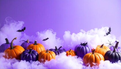 Orange and purple pumpkins in spooky, misty scene