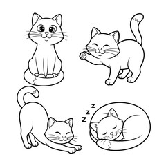 Playful Kitten Trio: A charming collection of four delightful kittens, each in unique poses, exuding innocence and playfulness, rendered in a simple, captivating illustration.