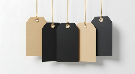 Blank Price Tags Hanging Together Displayed Against a White Background for Retail or Branding Purposes	