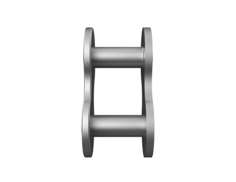 Detailed, professional 3D Render of Industrial Roller Chain Master Link. High-Resolution Mechanical Connecting Component Isolated on Transparent PNG HD Background for Power Transmission Systems.